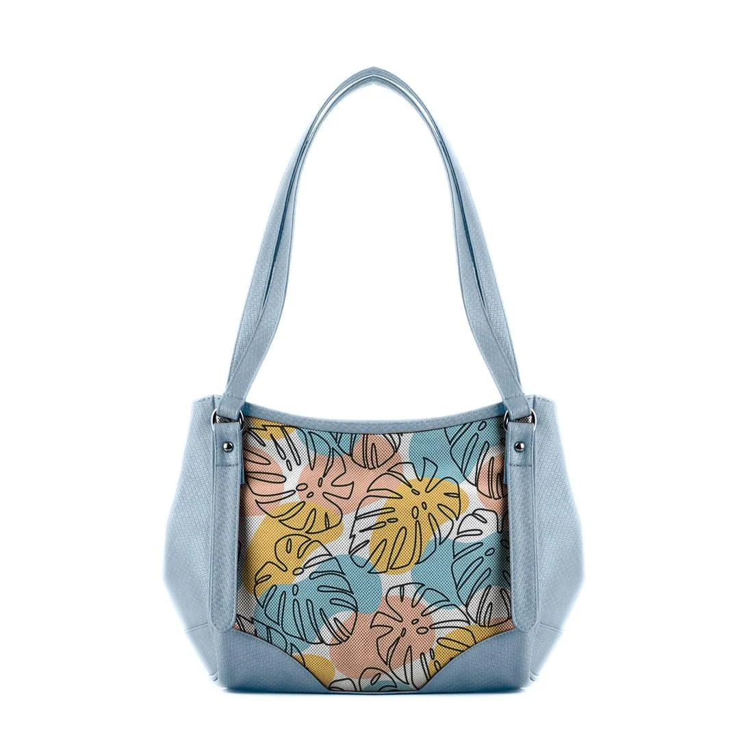 Blue Leather Tote Bag Florals