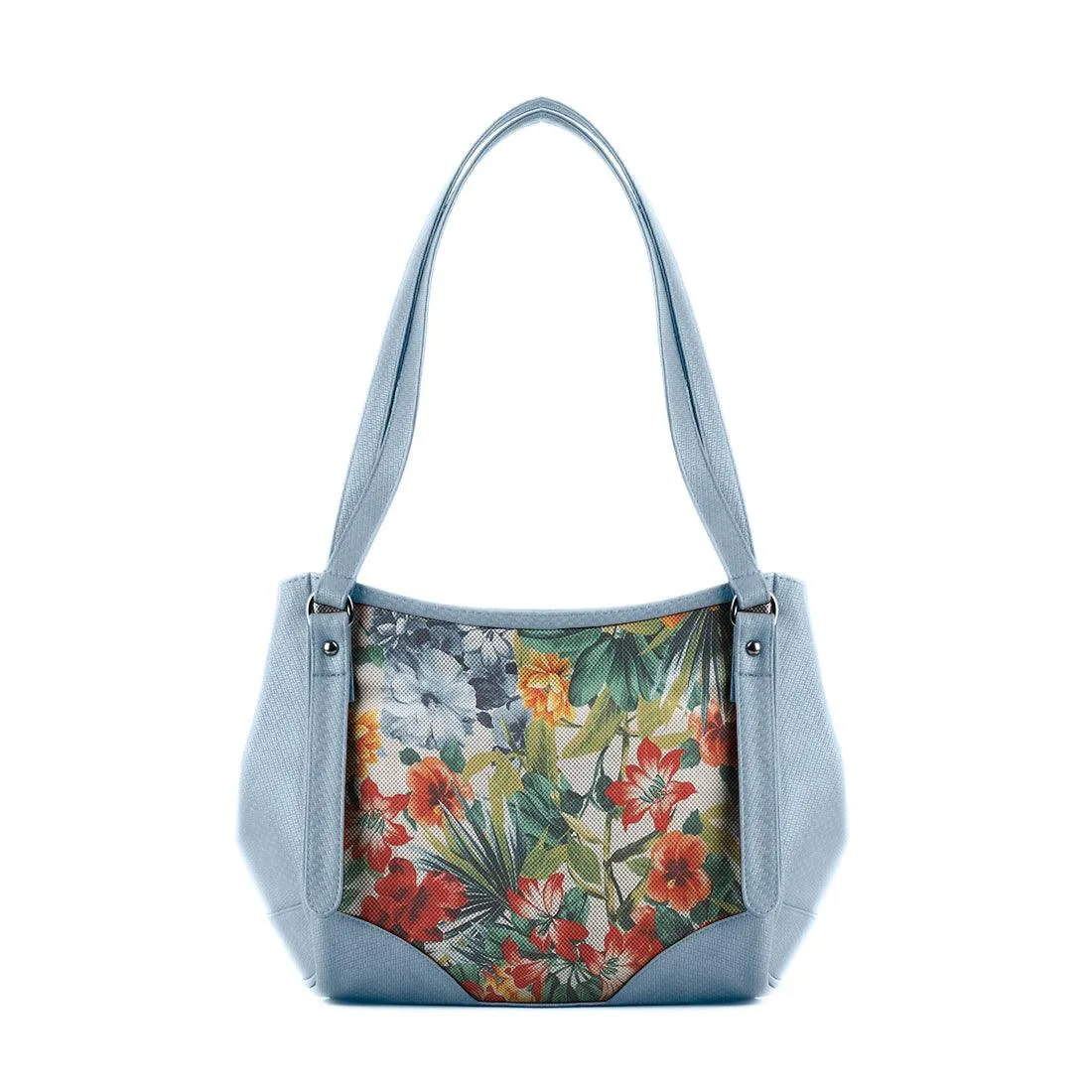 Blue Leather Tote Bag Flowers