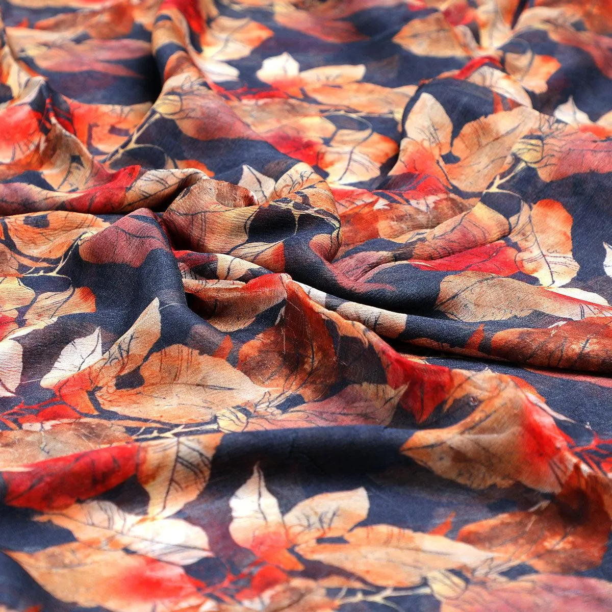 Blue Leaves Printed Pure Chiffon Fabric