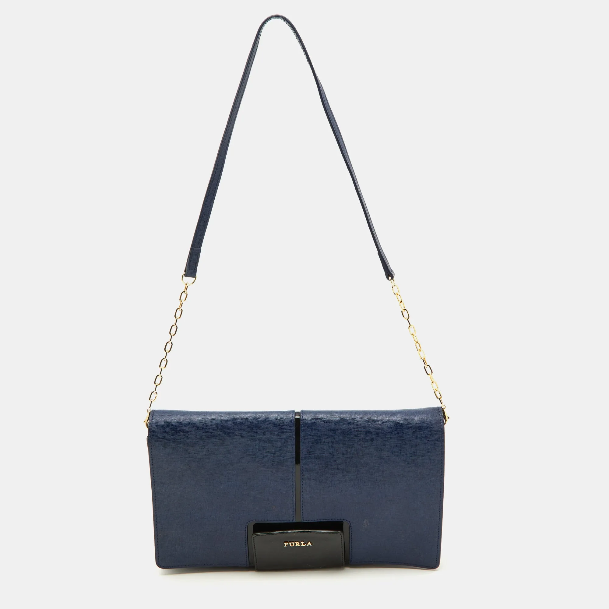 Blue/Black Leather Flap Chain Shoulder Bag