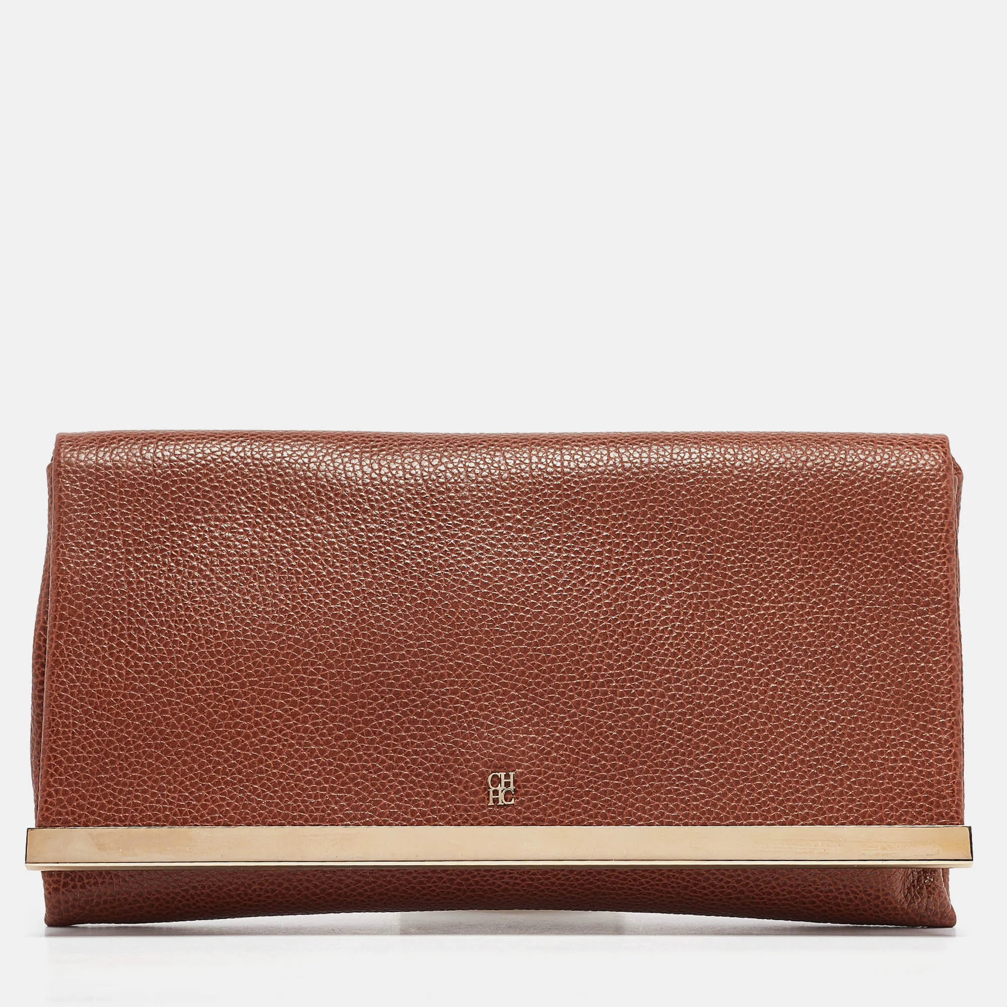 Brown Leather Metal Flap Clutch