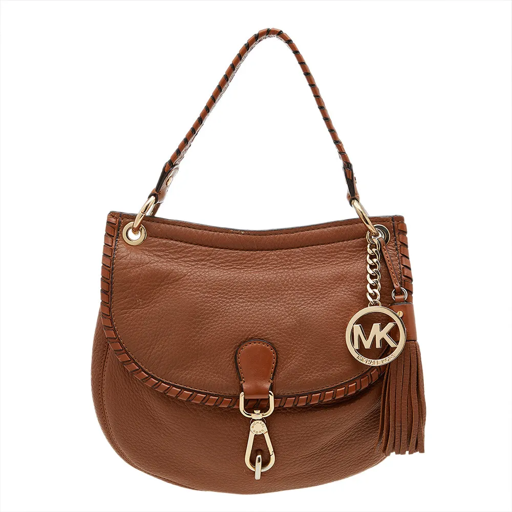 Brown Leather Tassel Braided Flap Top Handle Bag