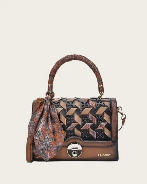 Brown printed top handle handbag