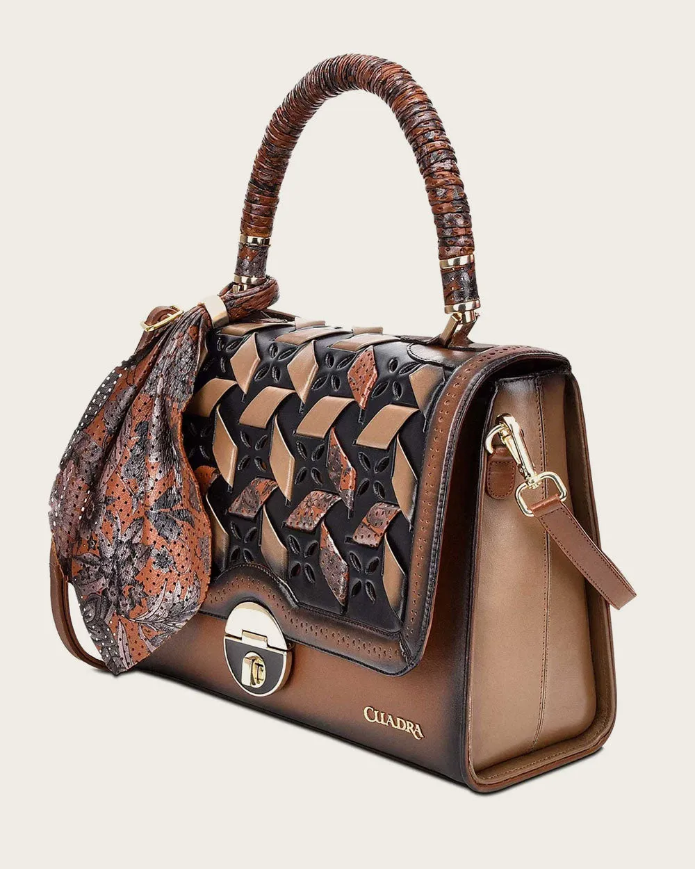 Brown printed top handle handbag