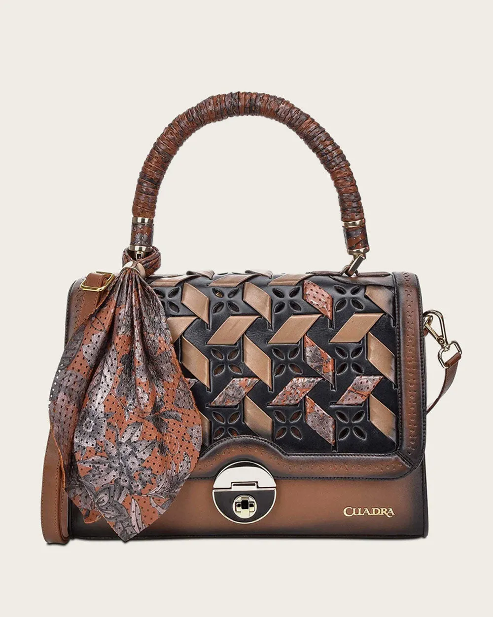 Brown printed top handle handbag