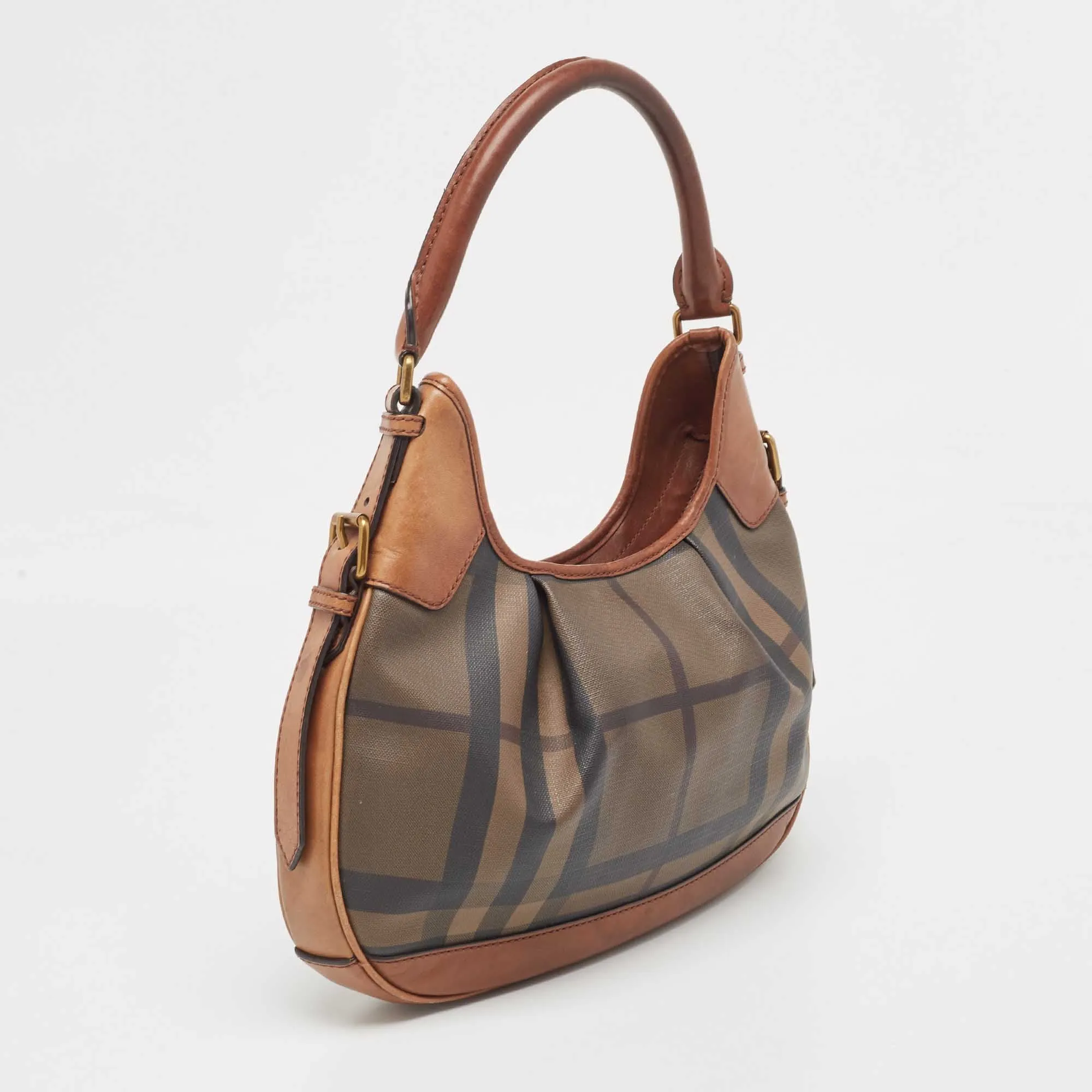 BURBERRY Dark Tan Smoked Beat Check Coated Canvas Small Brooklyn Hobo