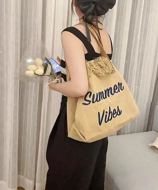 Casual Khaki Tassel Letter Embroidery Canvas Tote Handbag