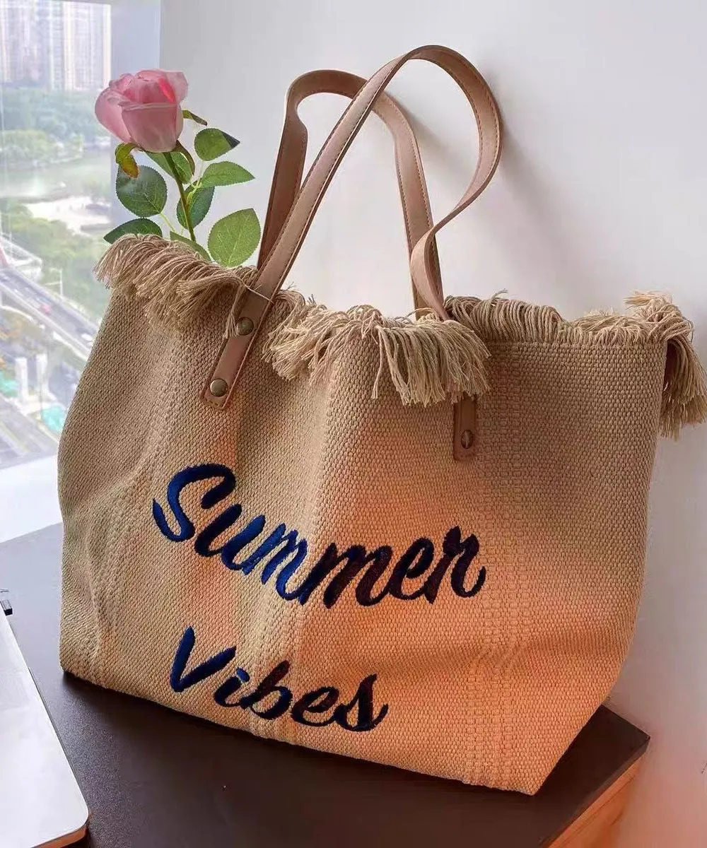 Casual Khaki Tassel Letter Embroidery Canvas Tote Handbag