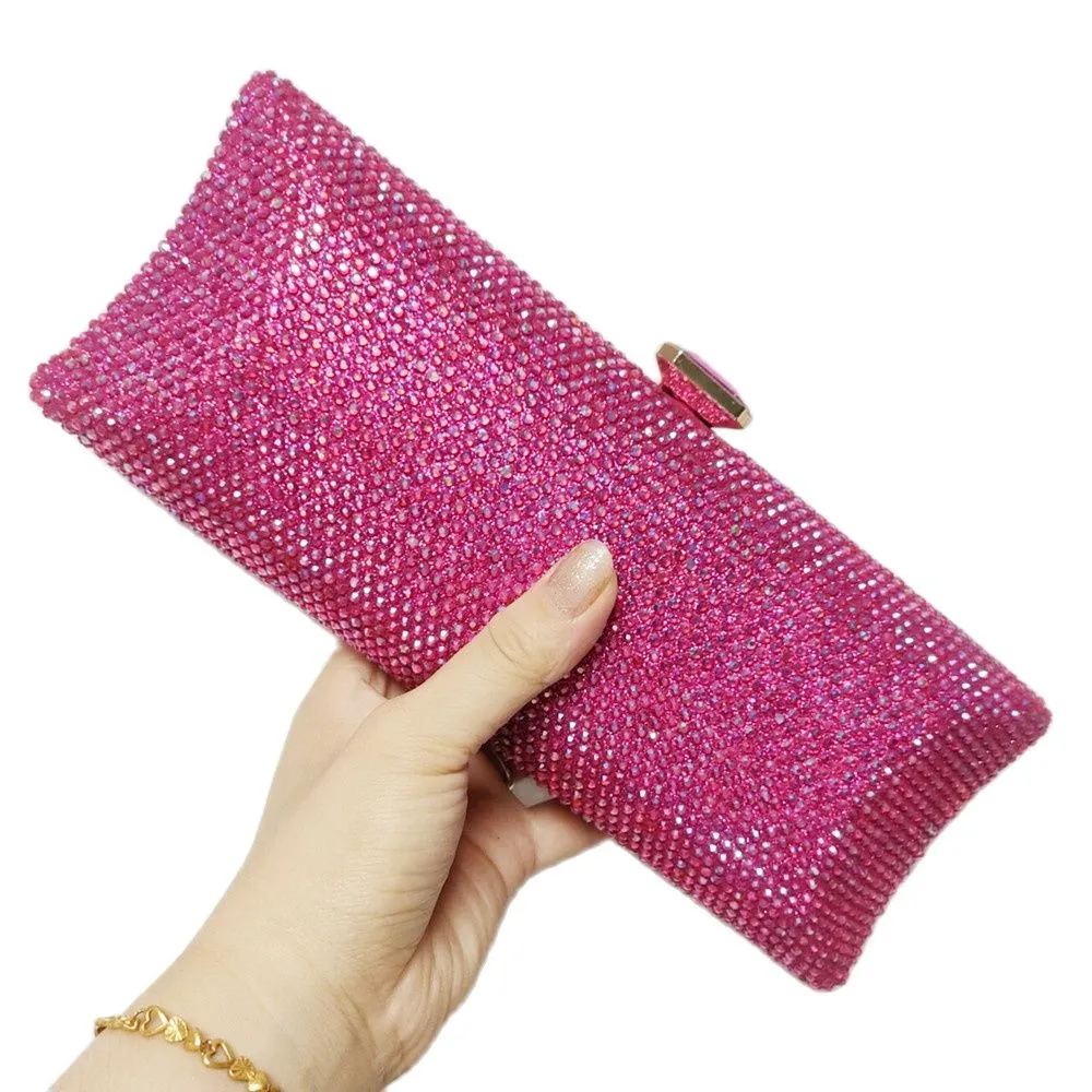 Chaliwini Fuchsia Evening Clutch Purses Women Handbags Luxury Designer Folds Chain Crystal Clip Crossbody Bags Wedding Party