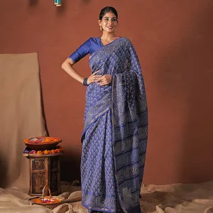 Chanderi Silk Saree with Blouse Piece | Navy Blue | Block Printed