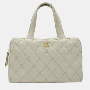 CHANEL Leather White  Wild Stitch Handbag Boston Bag