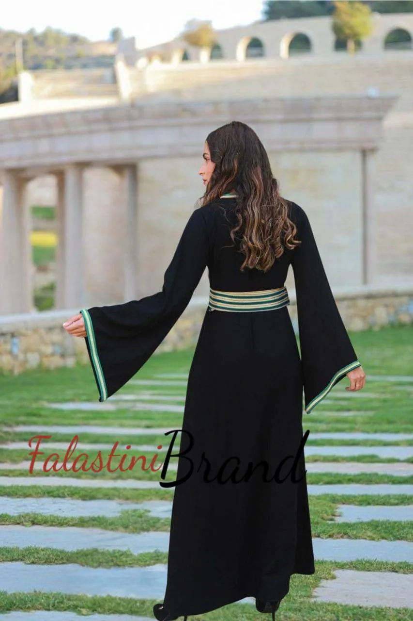 Classy Black Dress with Green Kashmir Details and Wide Sleeve