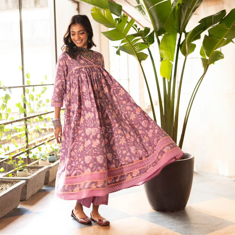 Cotton Anarkali Kurta for Women | Purple | Block Printed