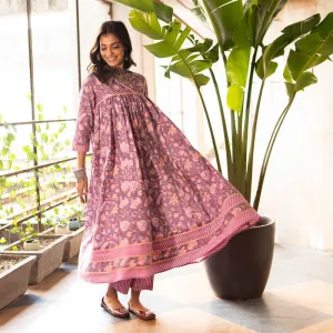 Cotton Anarkali Kurta for Women | Purple | Block Printed