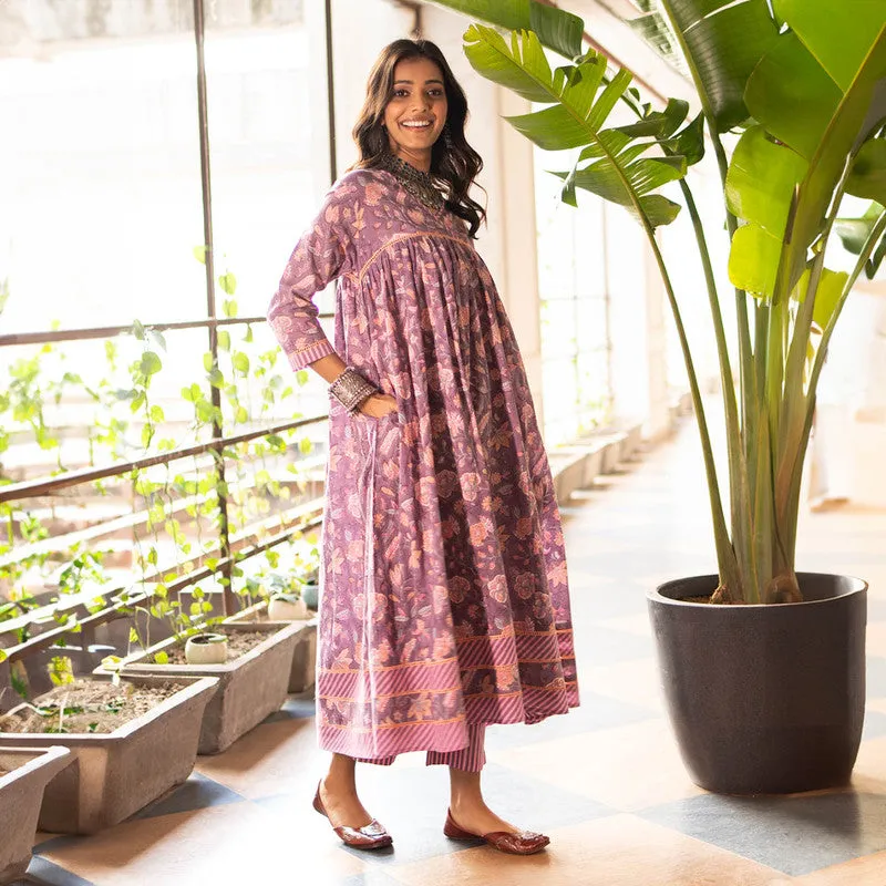 Cotton Anarkali Kurta for Women | Purple | Block Printed