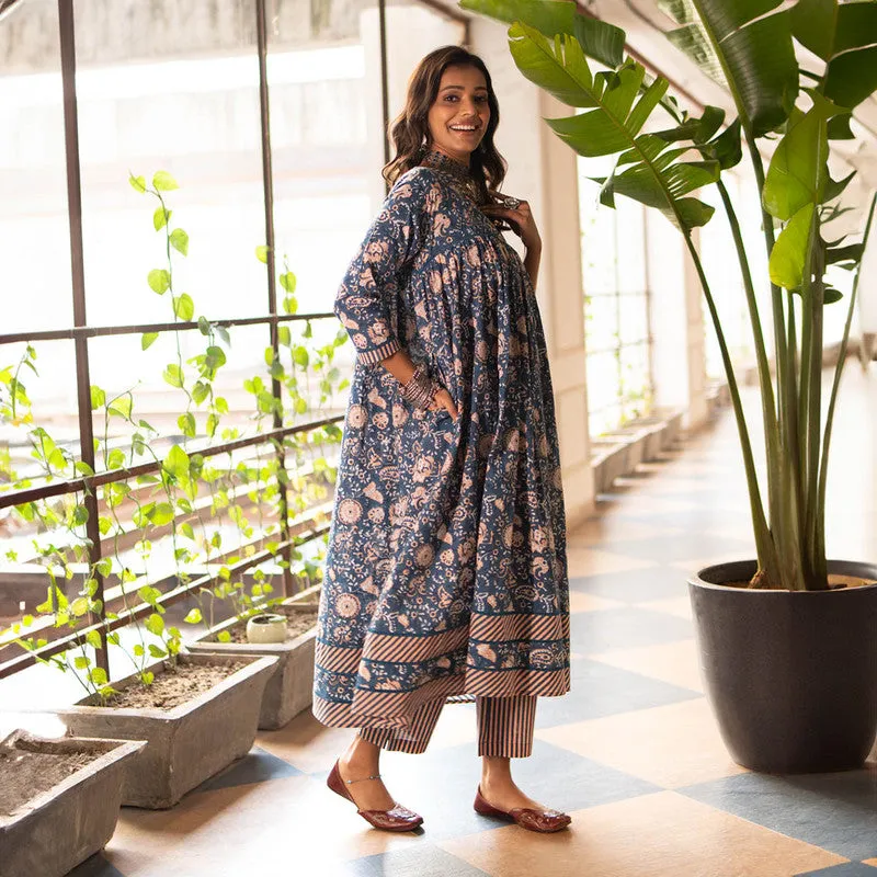 Cotton Blue Kurta for Women | Anarkali Kurta | Block Print