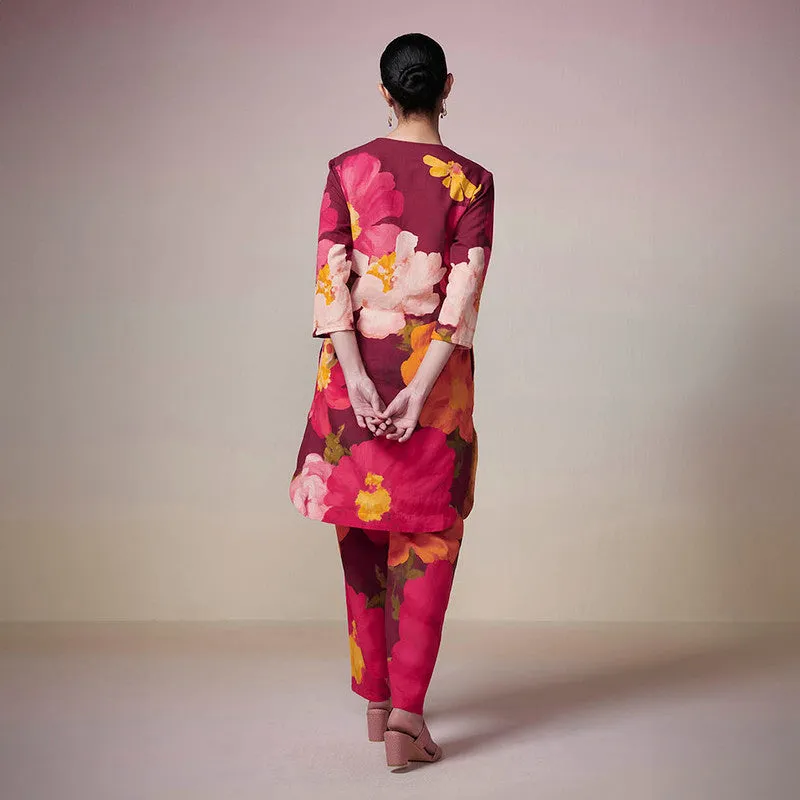 Cotton Linen Printed Kurta Set | Maroon Floral Print