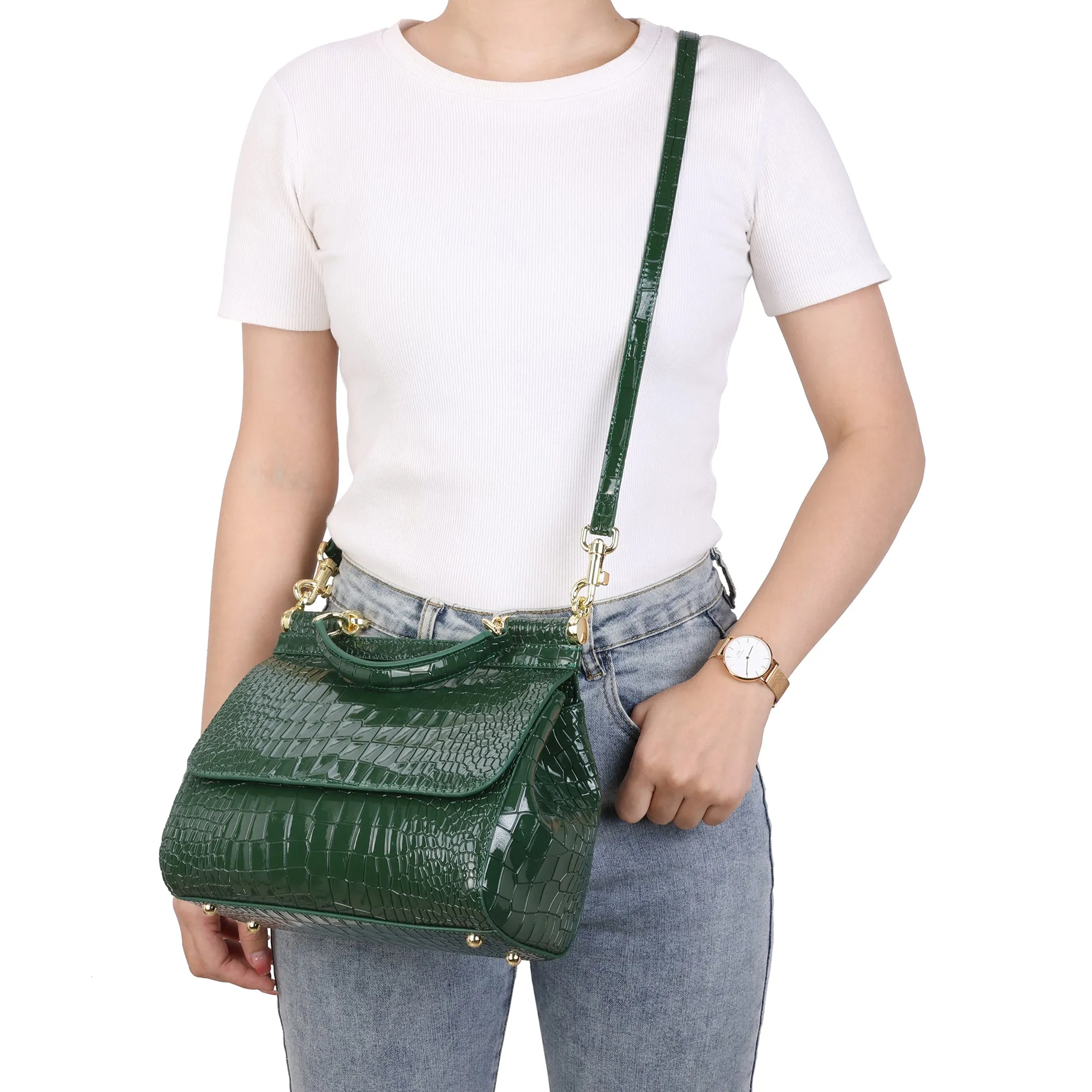 Croco Embossed Satchel Bag