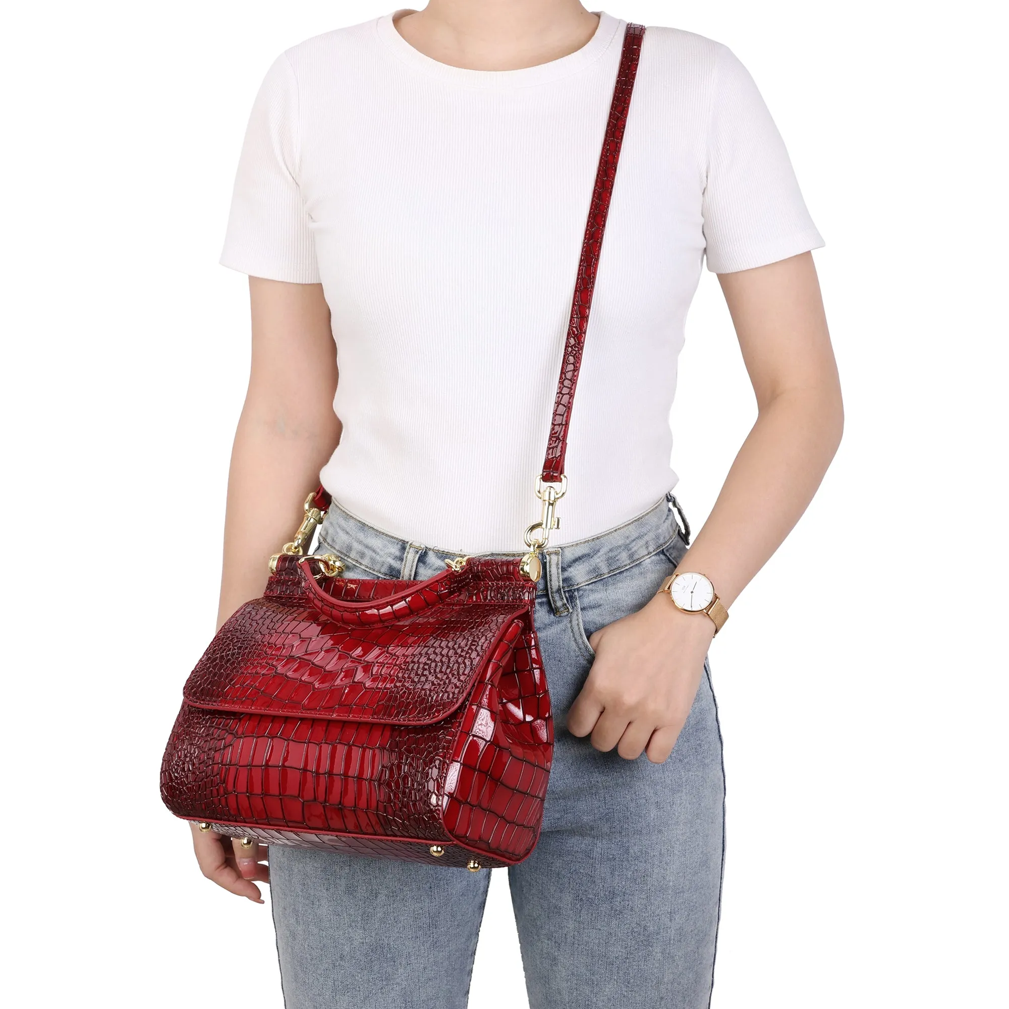 Croco Embossed Satchel Bag