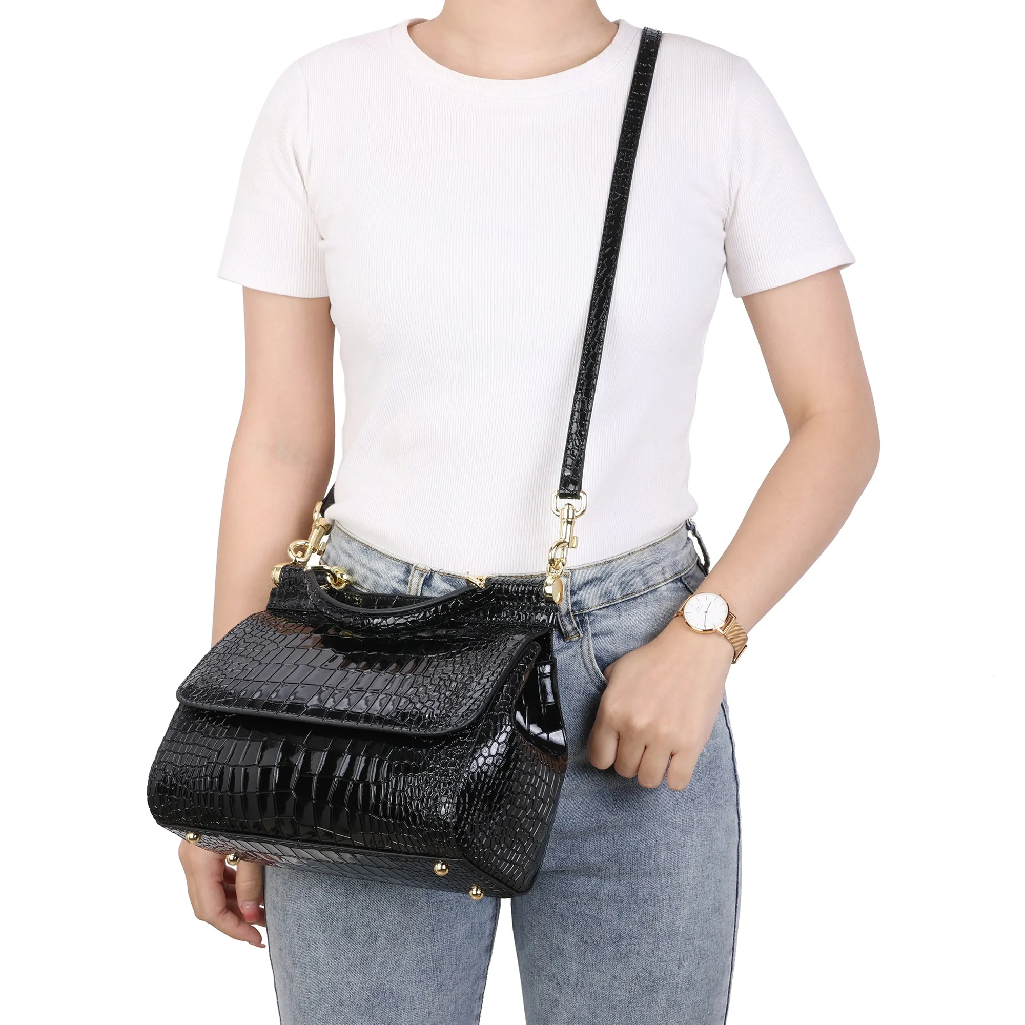 Croco Embossed Satchel Bag