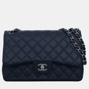 Dark Blue Caviar Leather Jumbo Classic Double Flap Bag