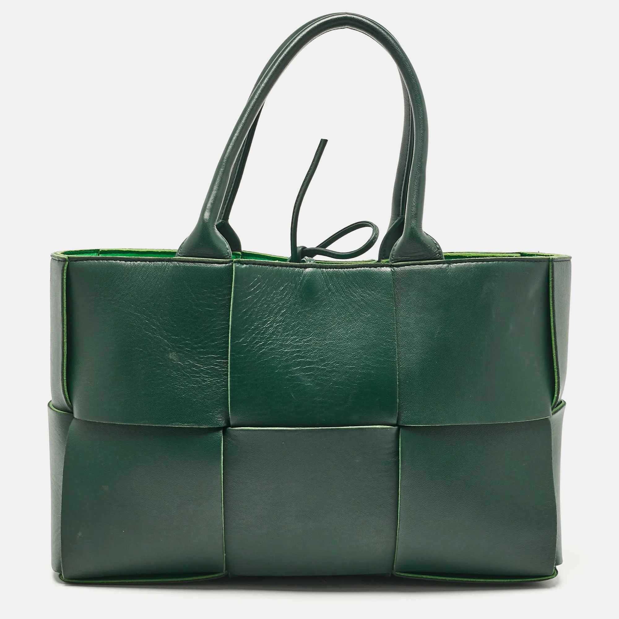 Dark Green Intreccio Leather Small Arco Tote