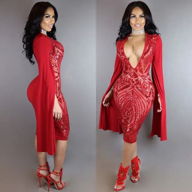 Deep V-neck Bodycon Sequins Knee-length Dress