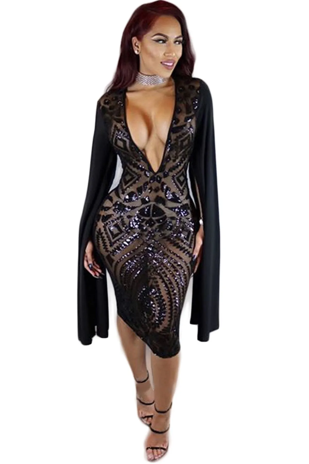 Deep V-neck Bodycon Sequins Knee-length Dress