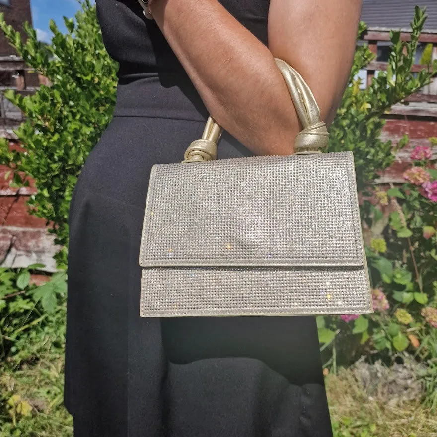 DIAMANTE KNOT HANDLE GOLD CLUTCH BAG