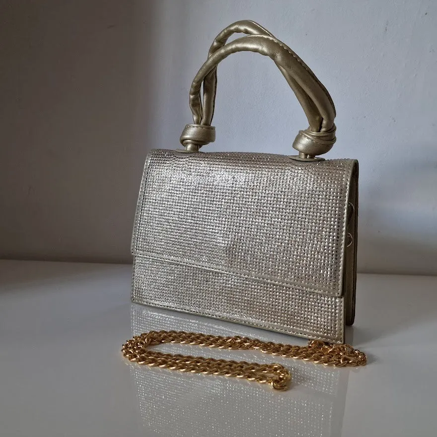 DIAMANTE KNOT HANDLE GOLD CLUTCH BAG