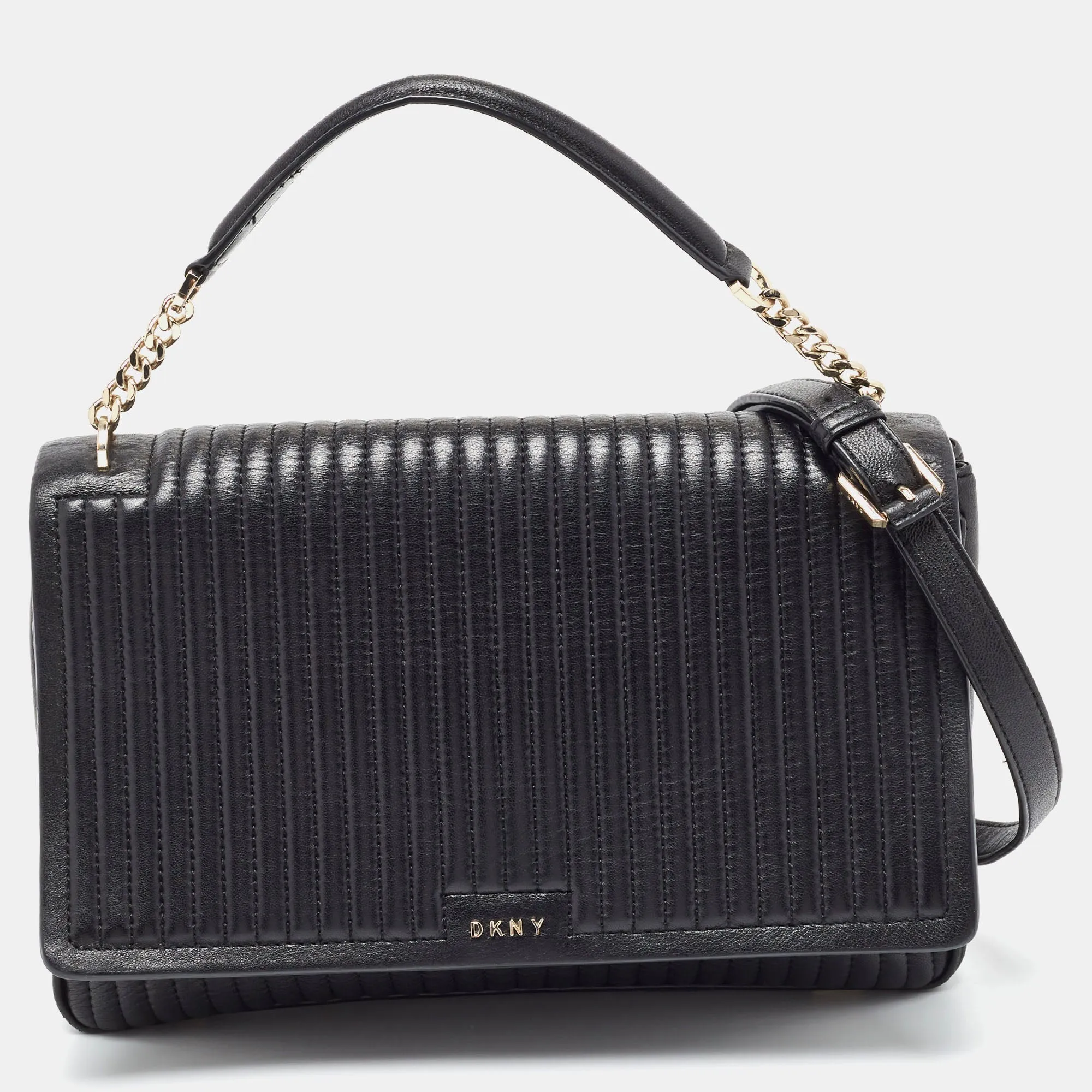 DKNY Black Pinstripe Quilted Leather Gansevoort Flap Top Handle Bag