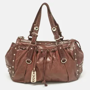 DKNY Dark Brown Leather Studded Drawstring Tote