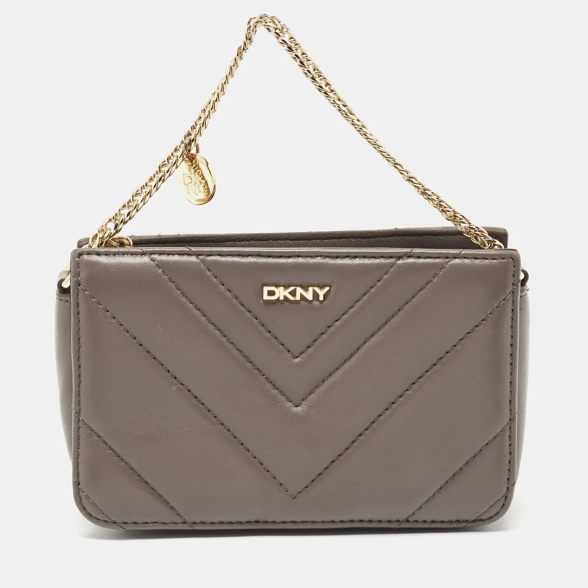 DKNY Grey Leather Chevron Chain Clutch