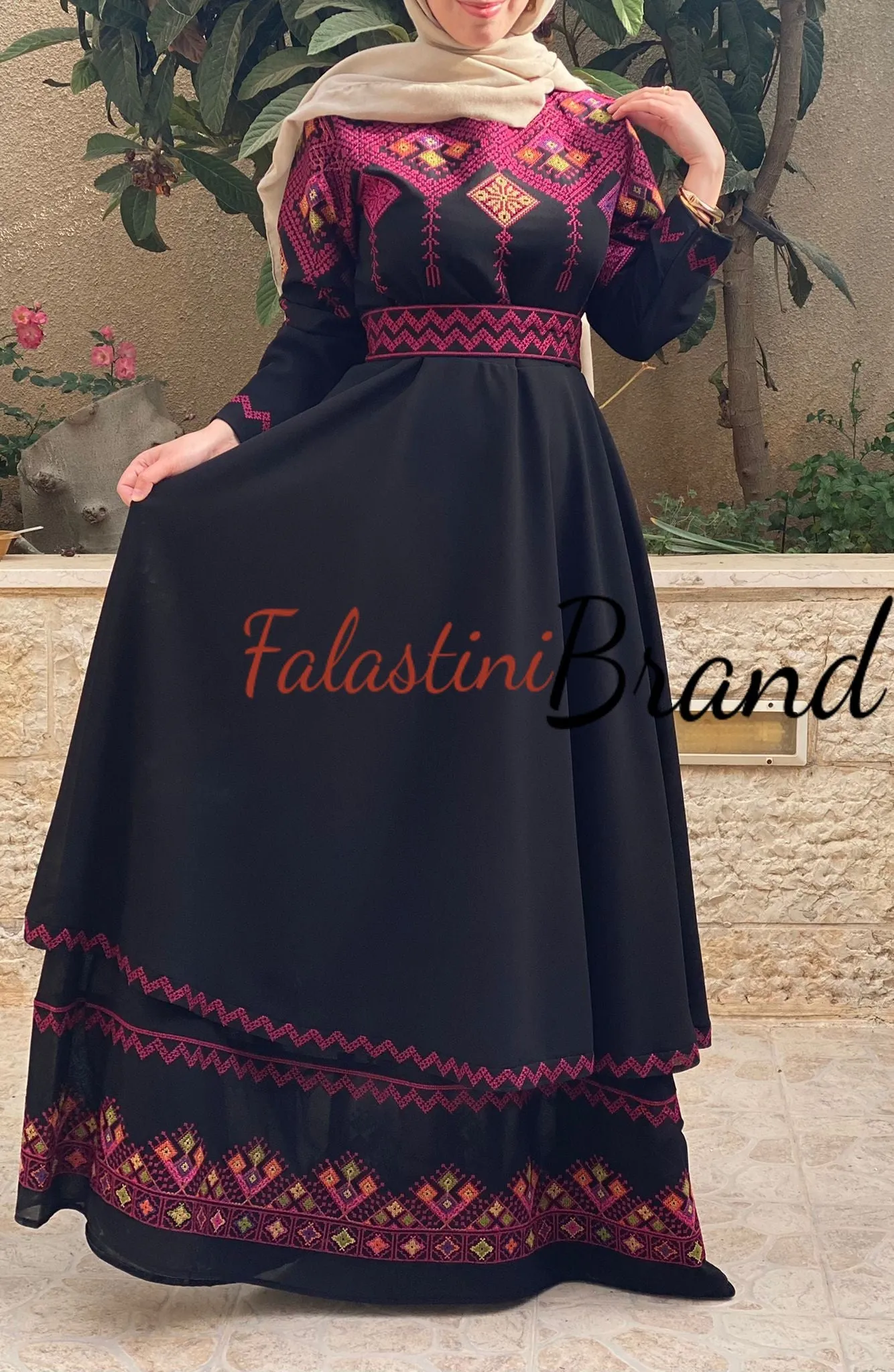 Elegant Black Palestinian Embroidered Cloche Layered Dress