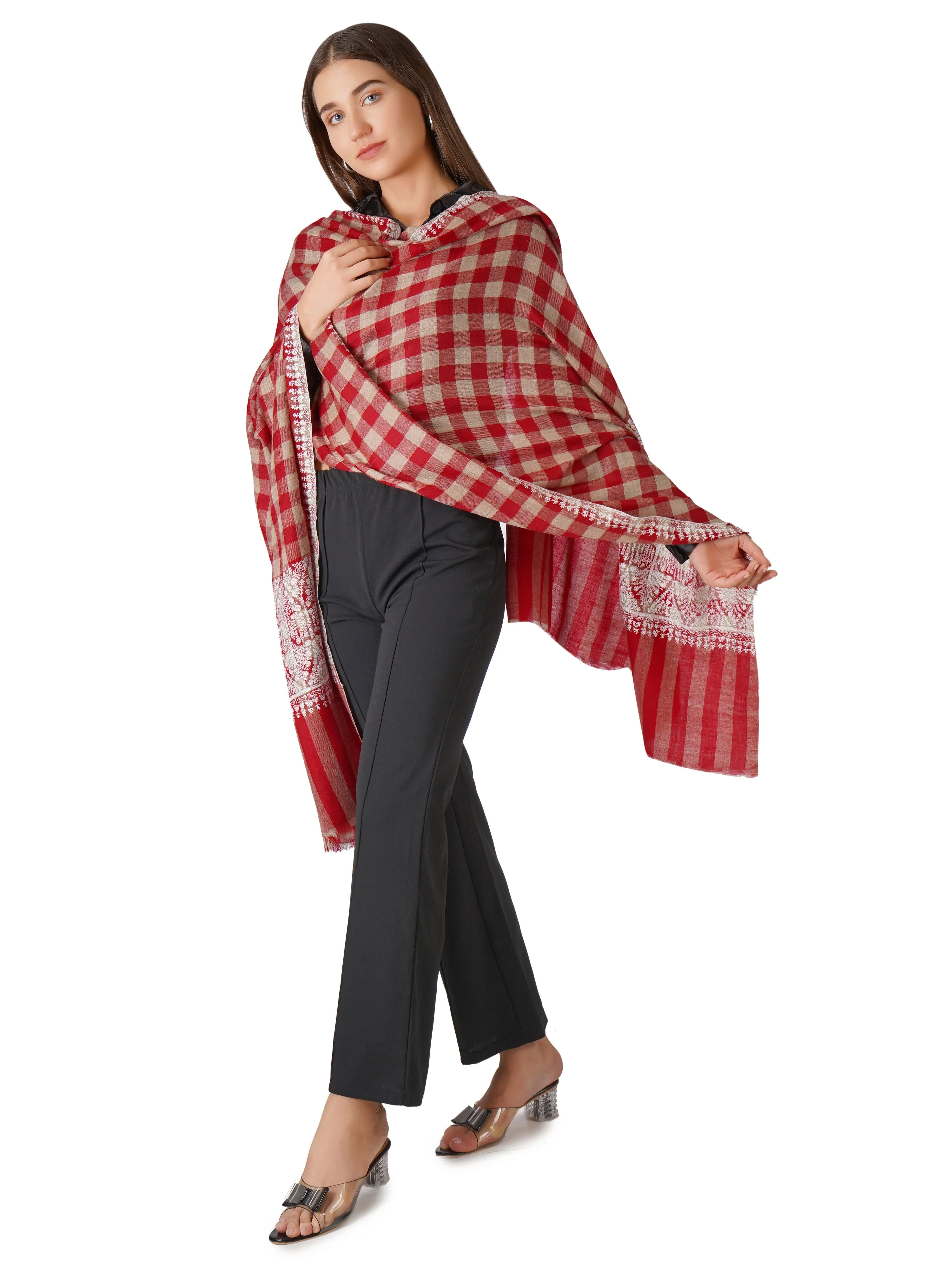 Elegant Checkered Pashmina Shawl with Hand Embroidery - Red & Beige