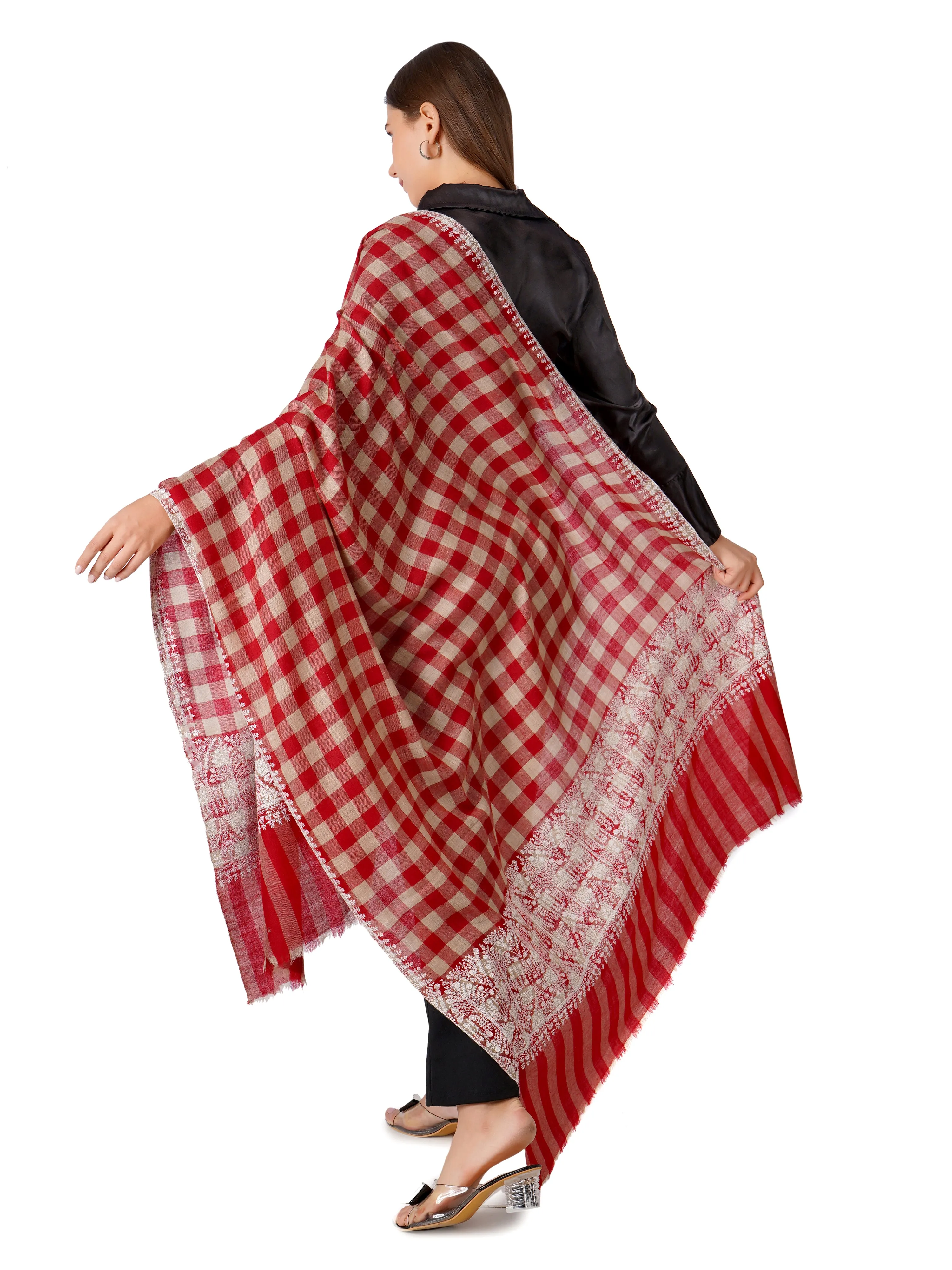 Elegant Checkered Pashmina Shawl with Hand Embroidery - Red & Beige