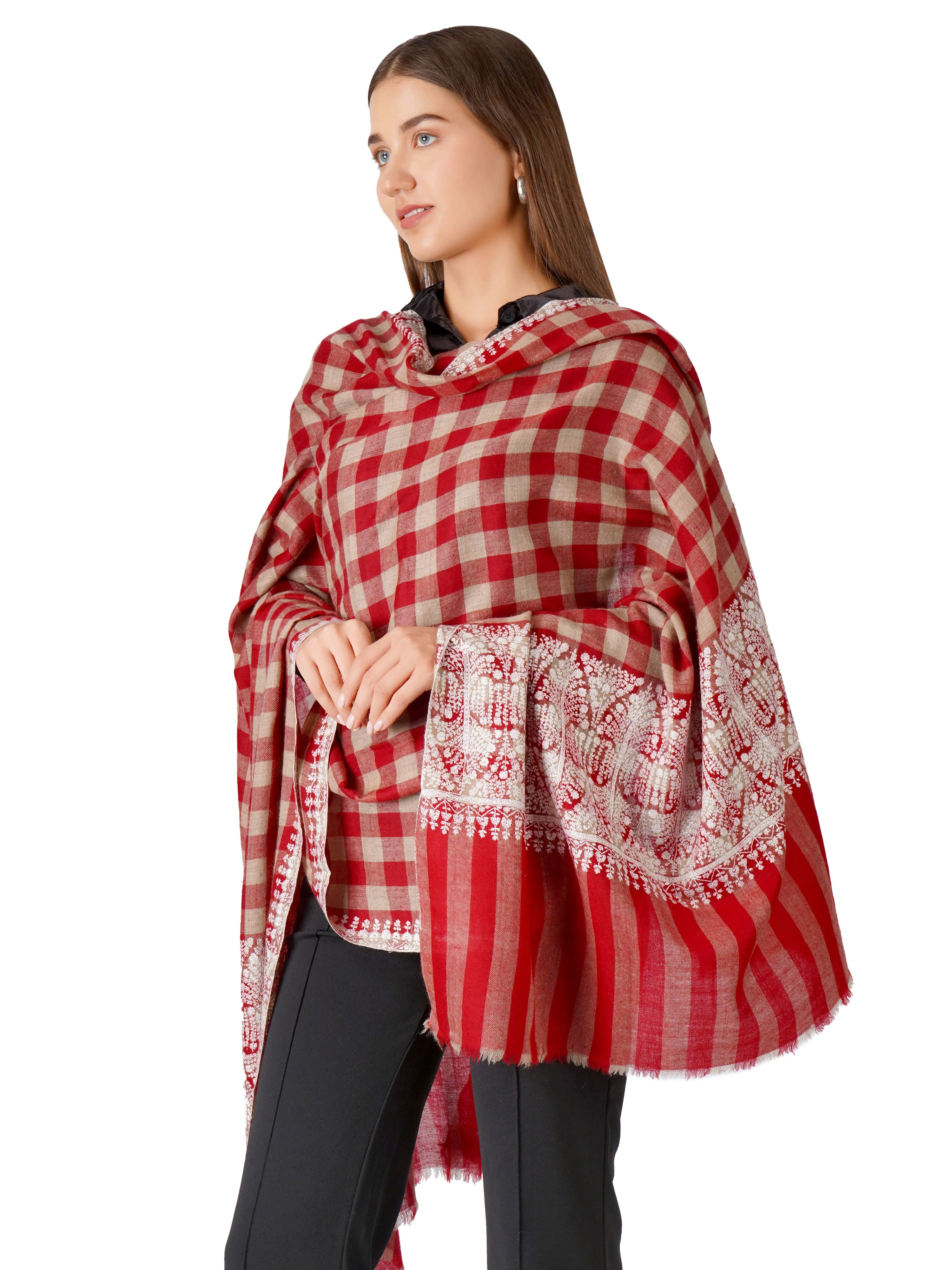 Elegant Checkered Pashmina Shawl with Hand Embroidery - Red & Beige