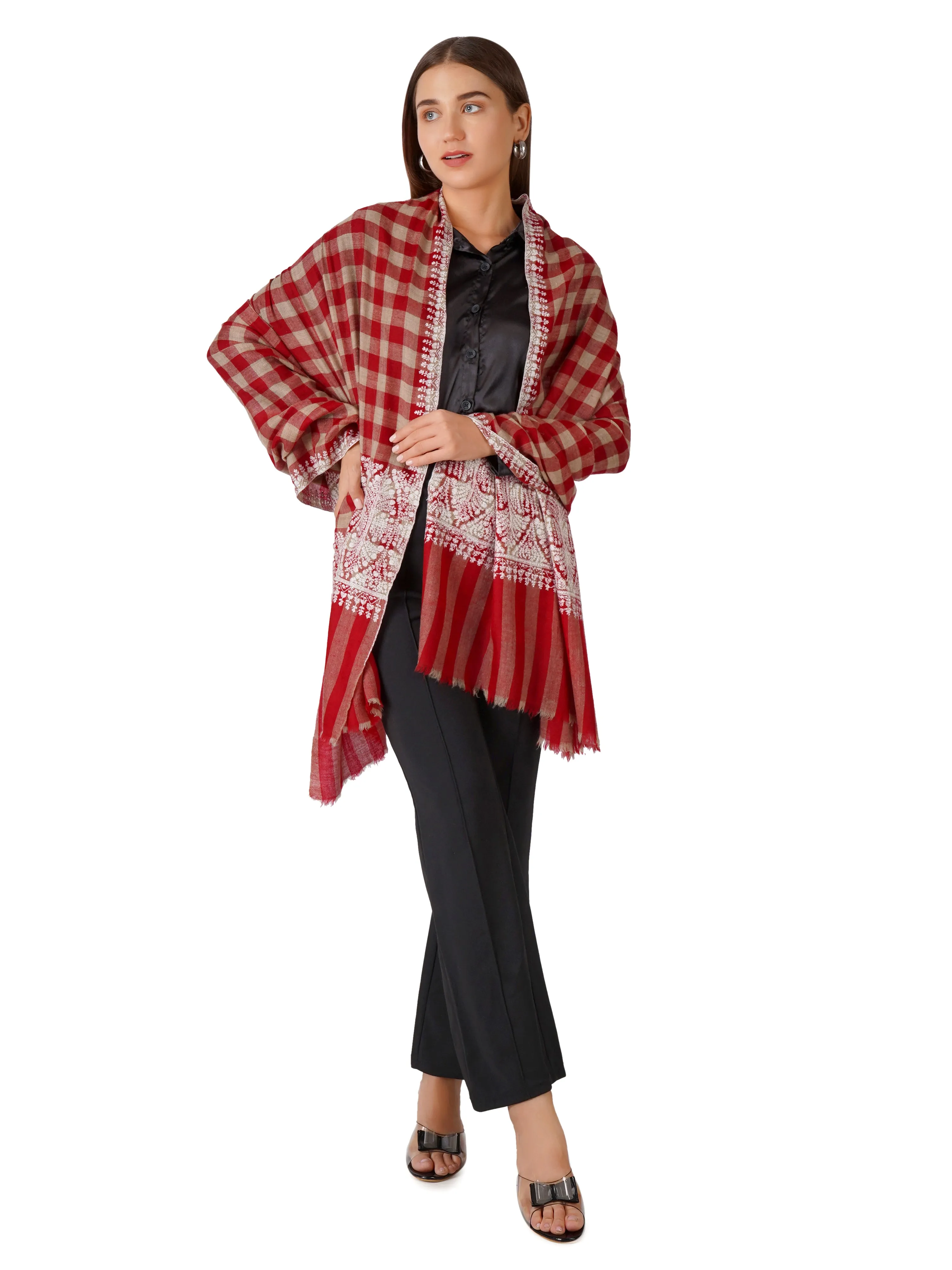 Elegant Checkered Pashmina Shawl with Hand Embroidery - Red & Beige