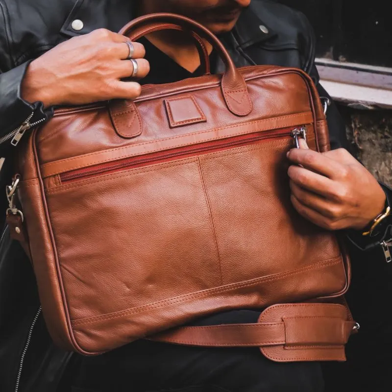 Executive Tan Leather Laptop Bag