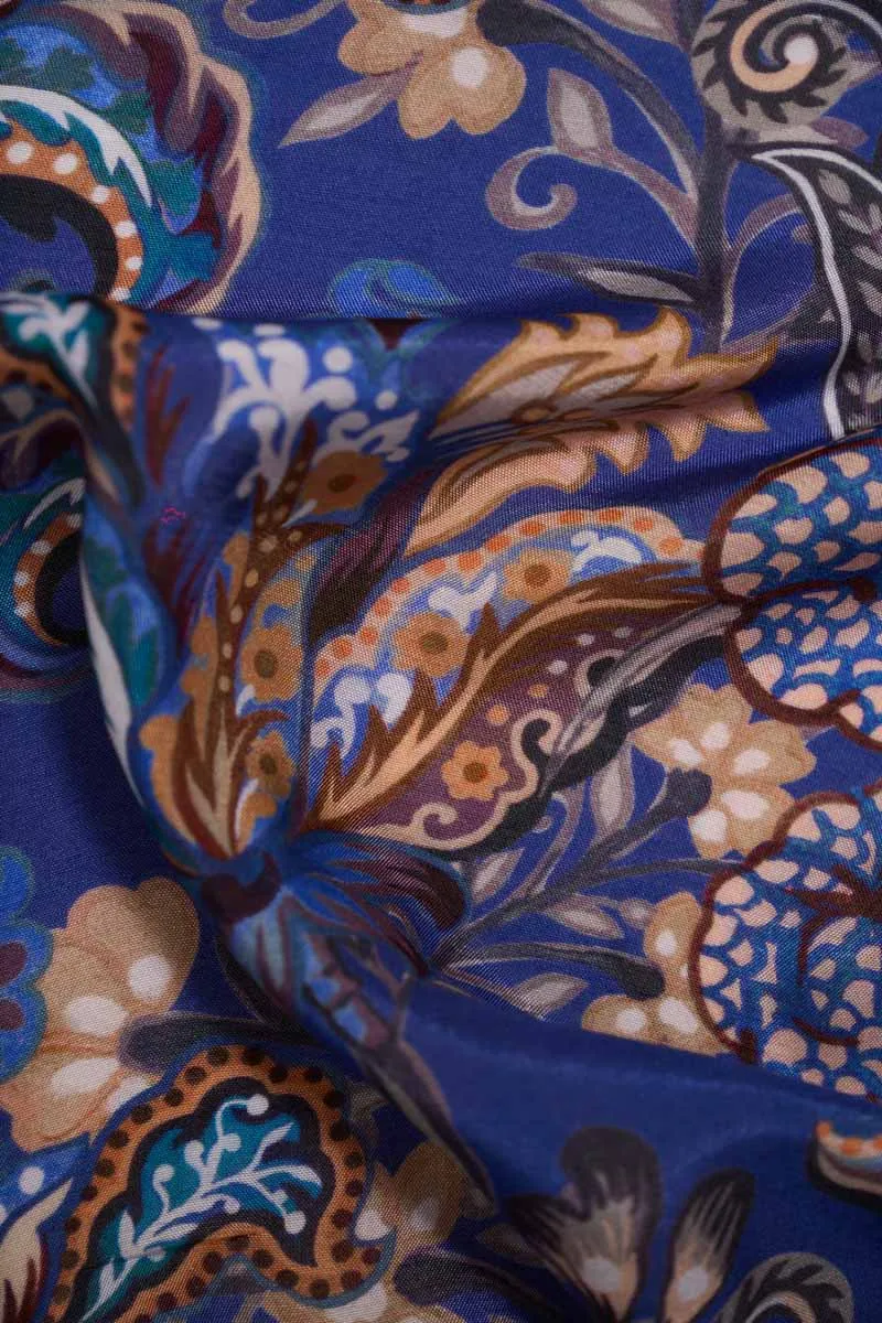 Exotic Navy Floral Pattern Printed Natural Muslin Silk Fabric