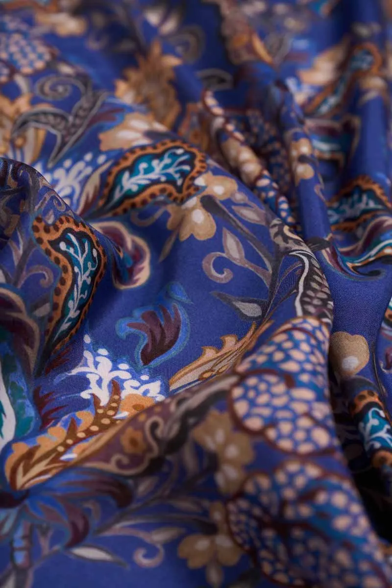 Exotic Navy Floral Pattern Printed Natural Muslin Silk Fabric