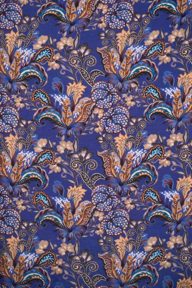 Exotic Navy Floral Pattern Printed Natural Muslin Silk Fabric