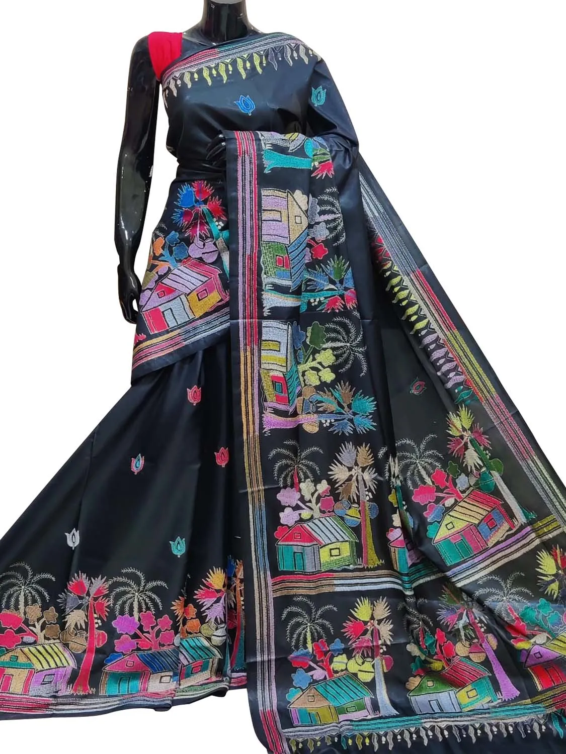 Exquisite Black Hand Embroidered Kantha Work Bangalore Silk Saree