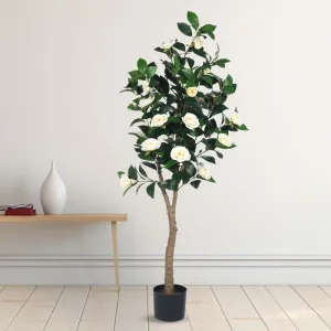 Faux Lush Mini Camellia Plant With Pot -  White - 5 Feet