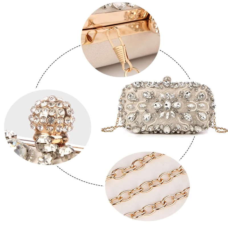 Female Luxury Simulated Diamond & Faux Pearls Floral Pattern PU Evening Clutches