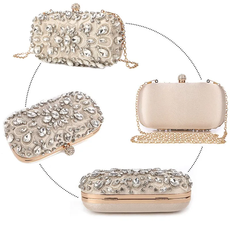 Female Luxury Simulated Diamond & Faux Pearls Floral Pattern PU Evening Clutches