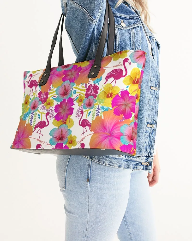 FLAMINGOS HIBISCUS FLORAL TOTE BAG