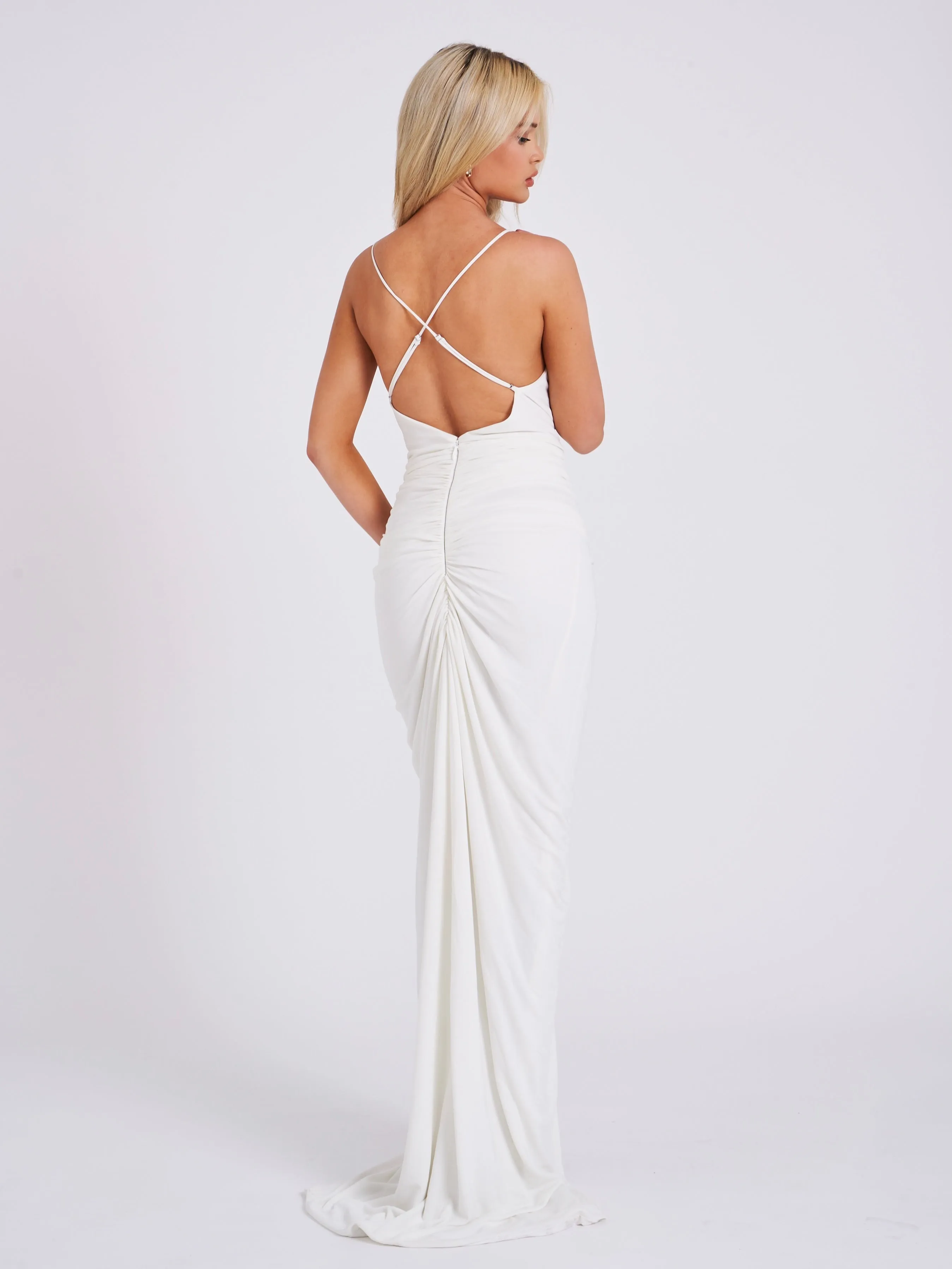 Glen White Strappy Deep Graceful V Backless Maxi Dress