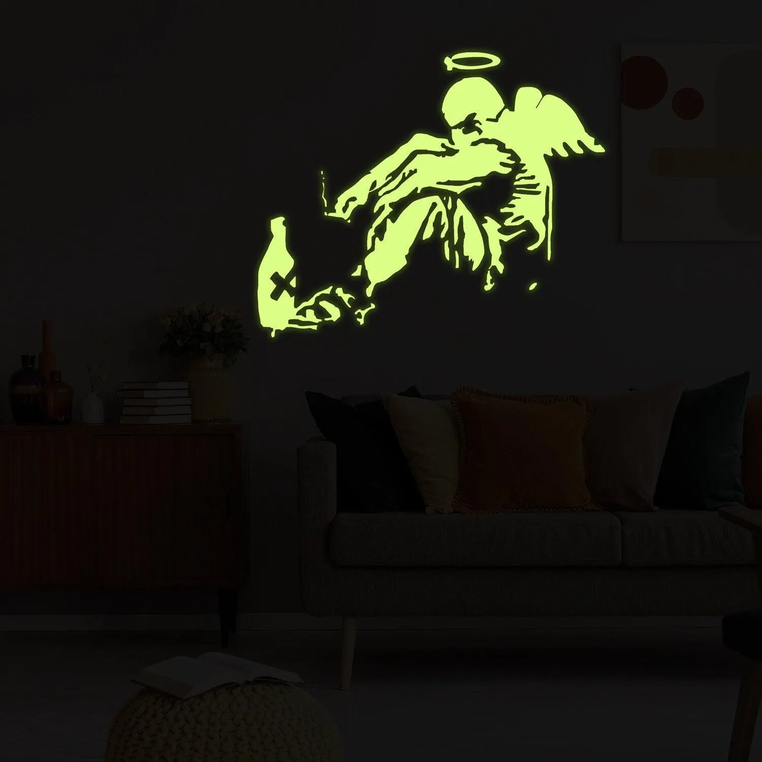 Glow In Dark Banksy Fallen Angel Wall Sticker - Night Glowing Giant Street Graffiti Wings Vinyl Decal