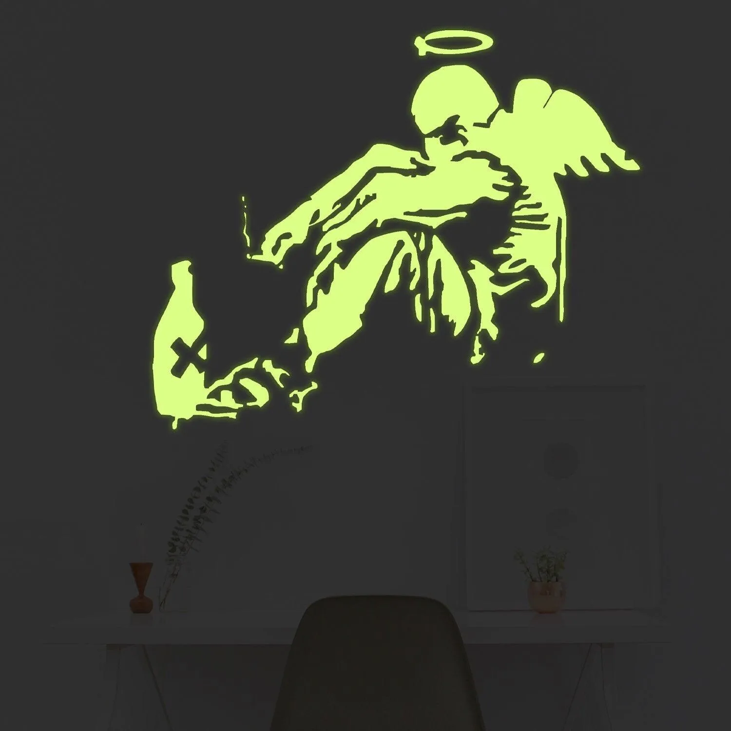 Glow In Dark Banksy Fallen Angel Wall Sticker - Night Glowing Giant Street Graffiti Wings Vinyl Decal